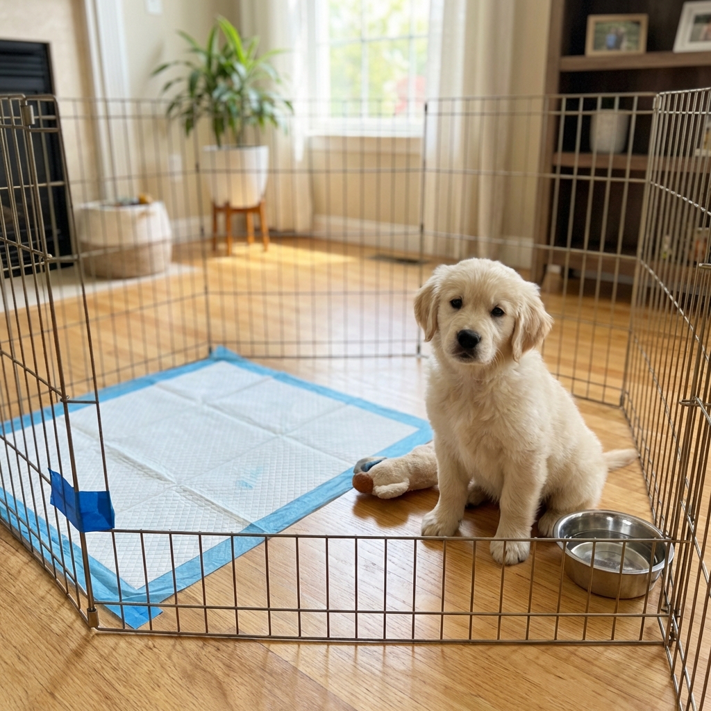 A puppy in a small playpen area with a secured pee pad in one corner