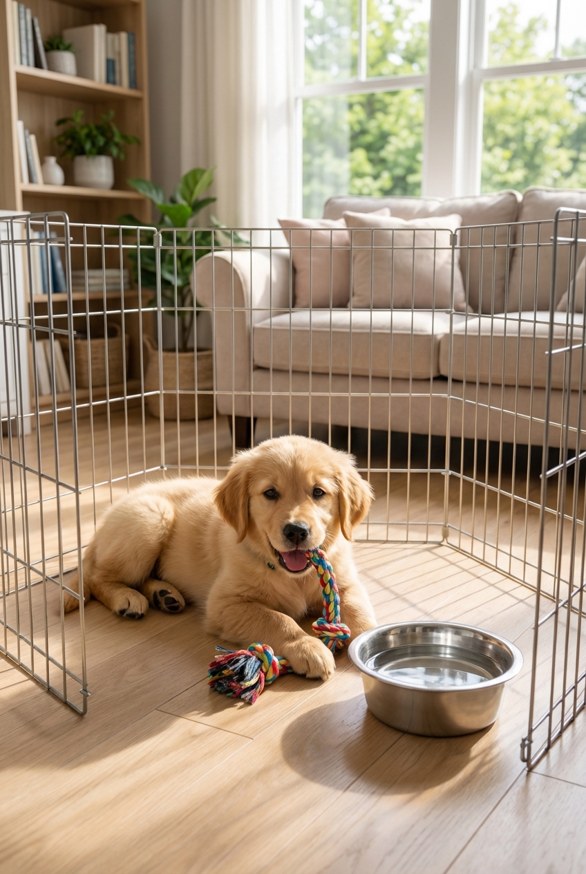 A puppy inside a playpen with a chew toy and a water bowl in a bright home setting