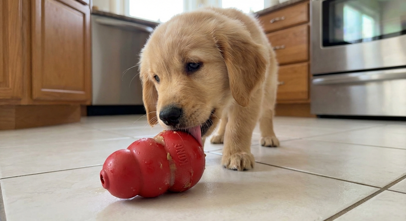 A puppy licking a frozen stuffed rubber toy on a kitchen floor