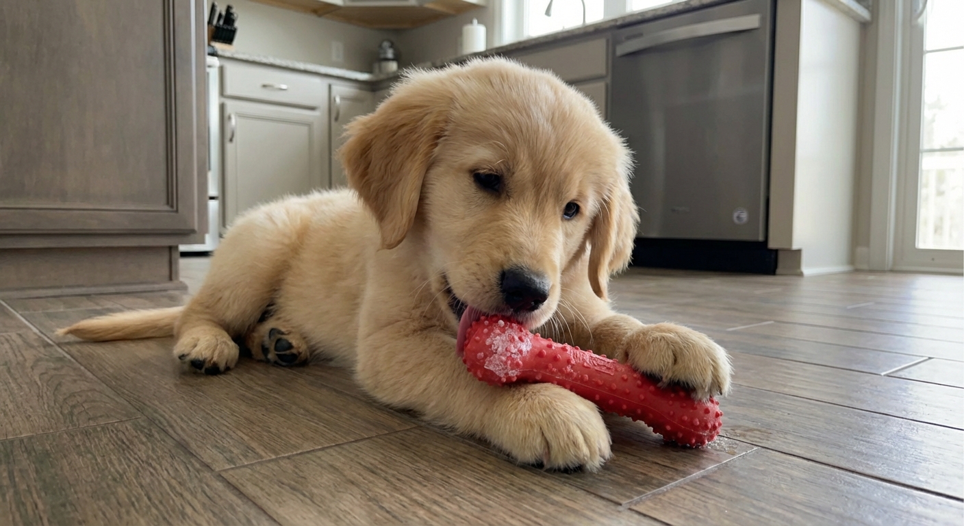 A puppy licking a frozen stuffed rubber toy while lying on a kitchen floor