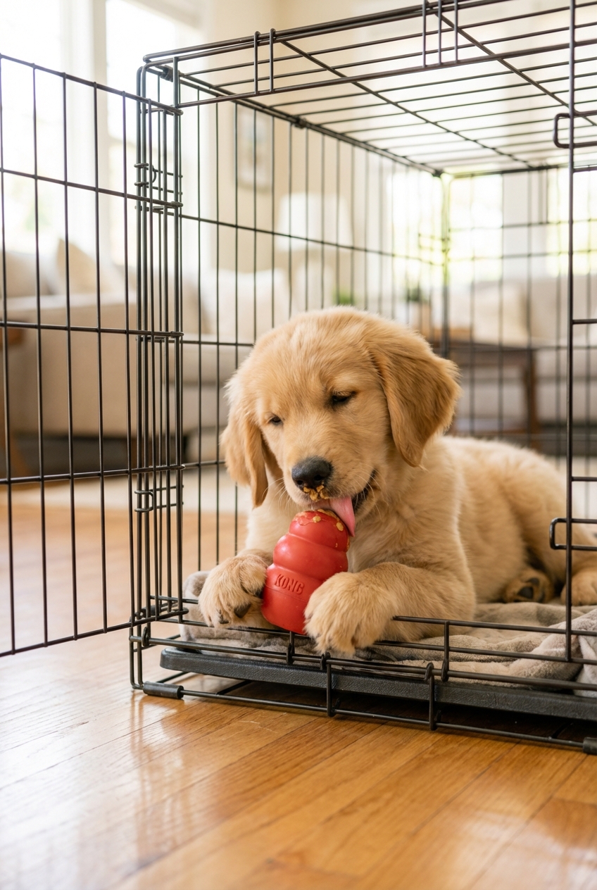 A puppy licking a stuffed food toy while lying inside a crate with the door open