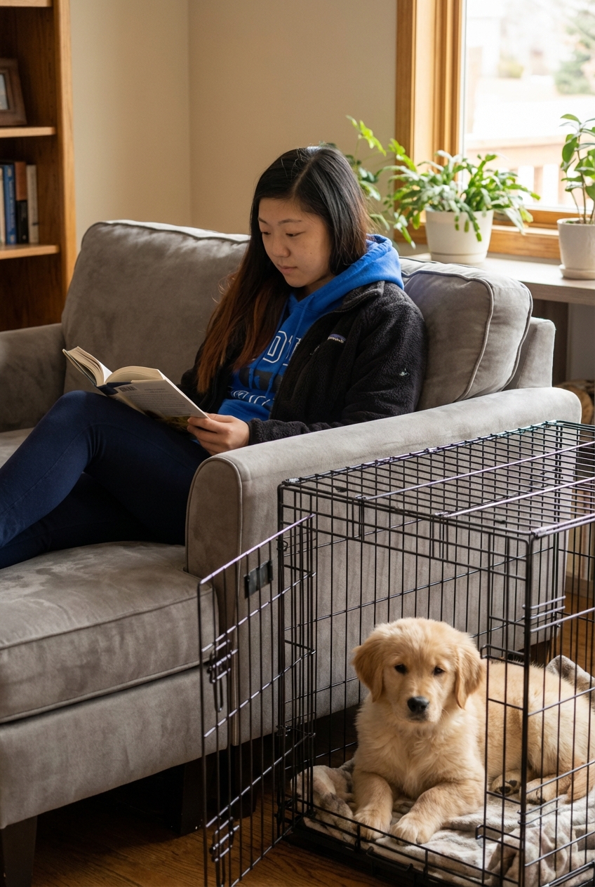 A puppy lying calmly in a crate while a person sits nearby reading on a couch