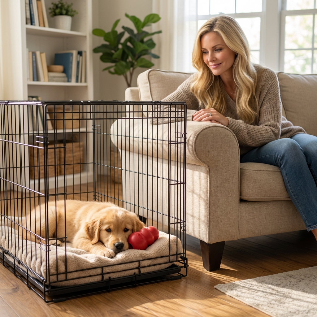 A puppy lying calmly in a crate with a stuffed rubber chew toy while an adult sits nearby on a couch