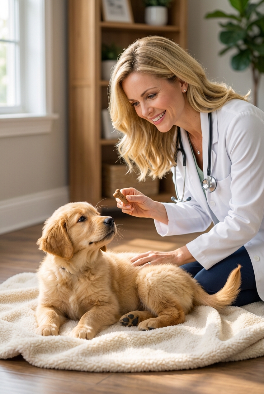 A puppy lying on a small blanket while a person rewards with a treat