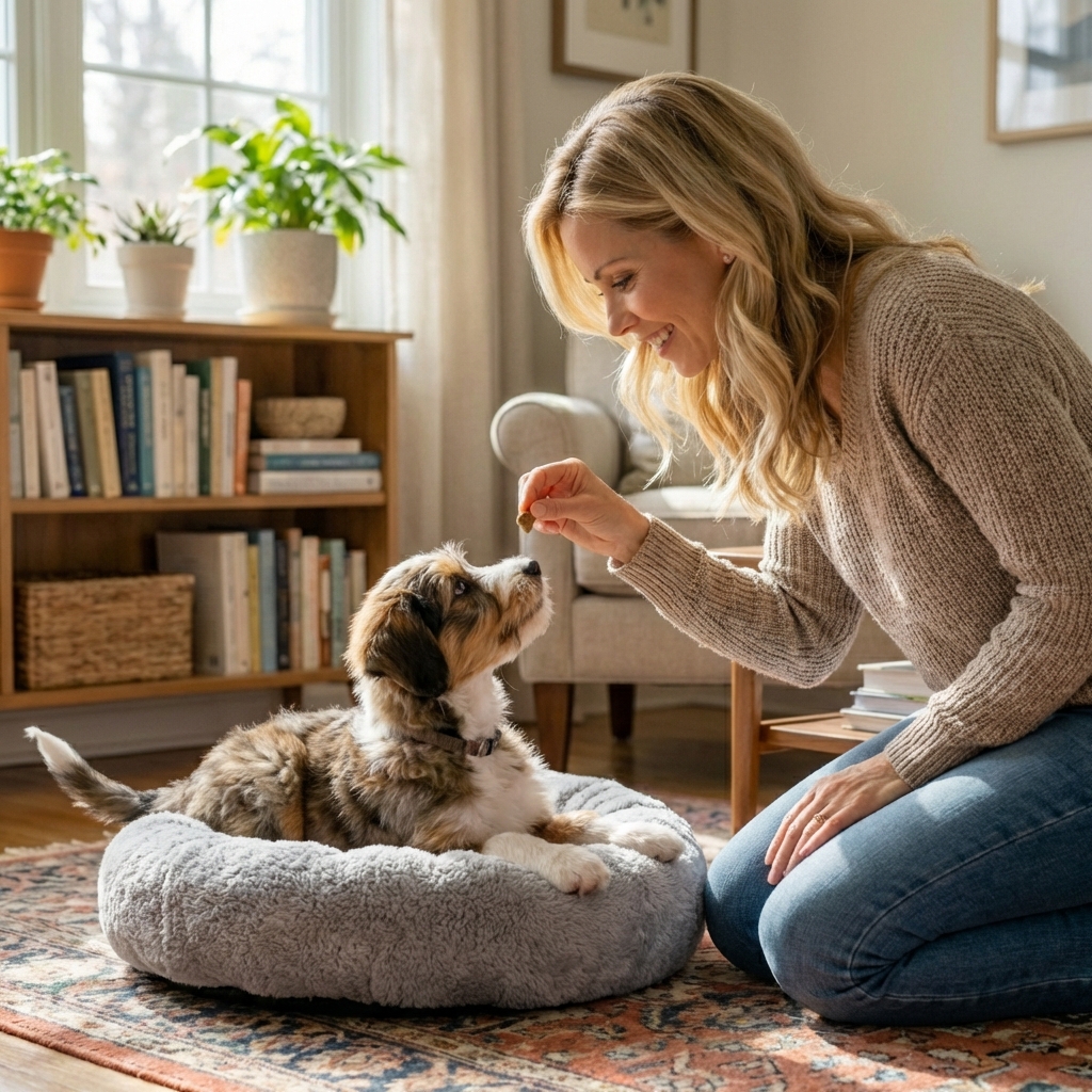 A puppy lying on a small dog bed while an owner kneels nearby holding a treat