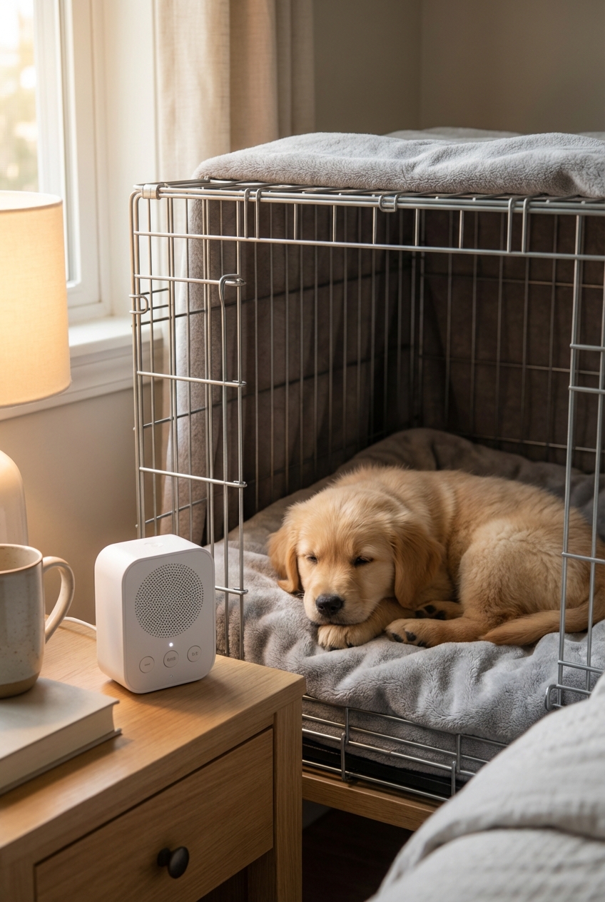A puppy lying quietly in a crate while a small white noise machine sits on a nearby nightstand