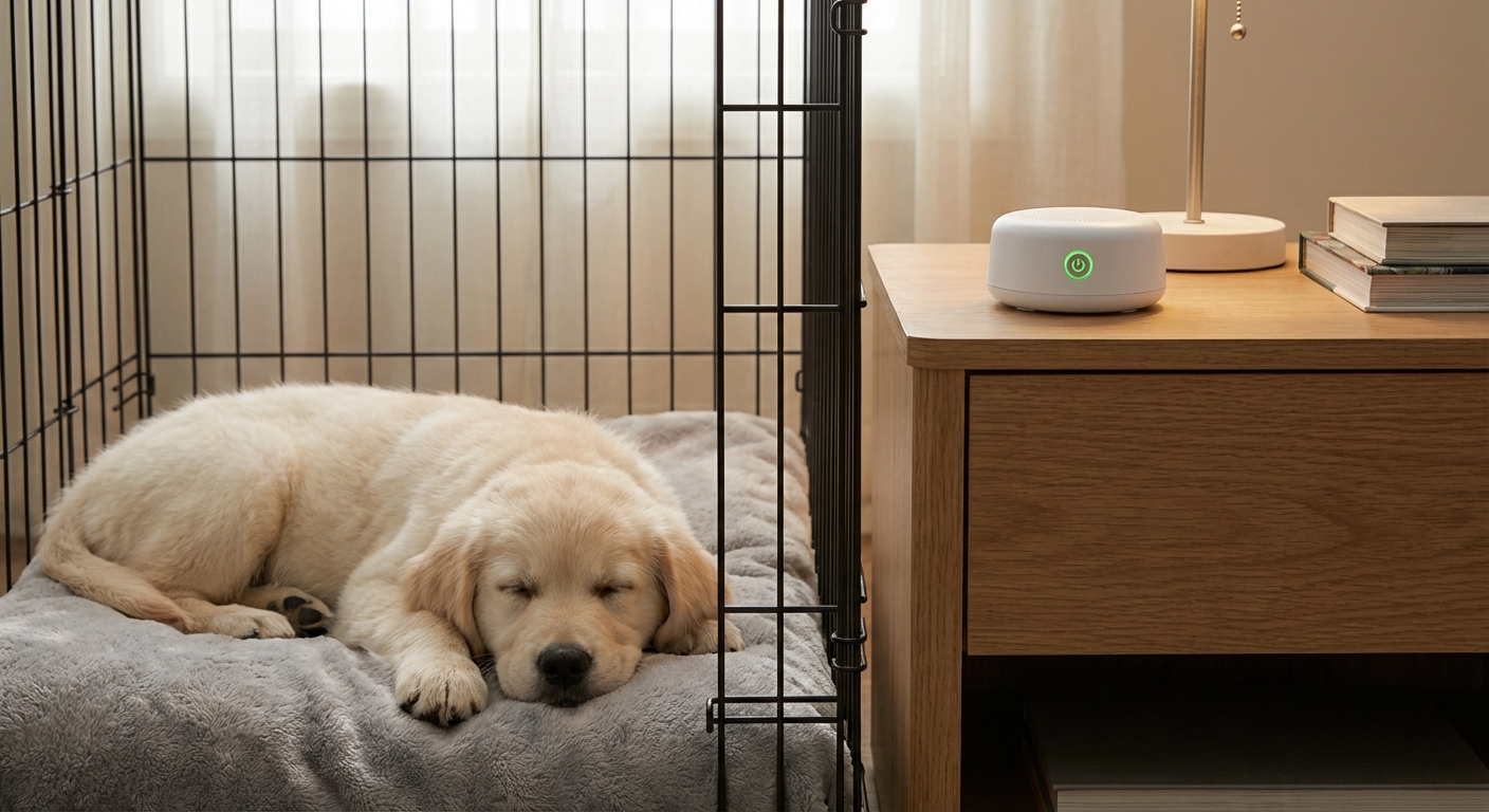 A puppy lying quietly in a crate while a white noise machine sits on a nightstand