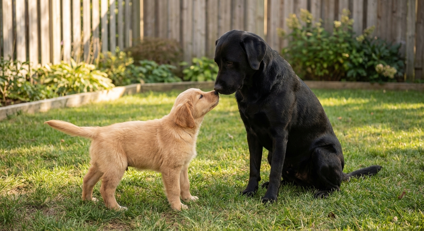A puppy meeting a calm adult dog in a quiet backyard