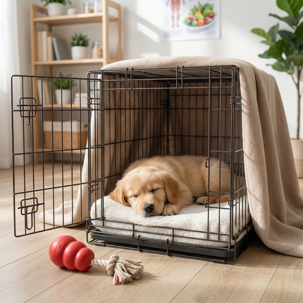 A puppy napping inside a covered crate with a chew toy nearby