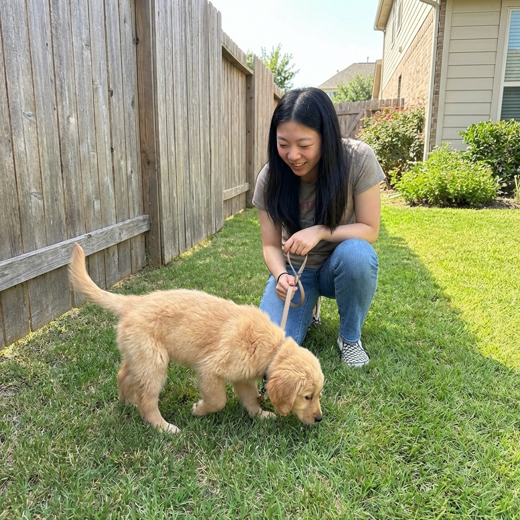 A puppy on a leash in a backyard while an owner watches closely near a fenced area