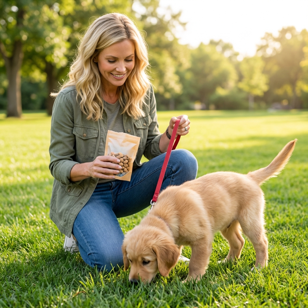 A puppy on a leash outdoors sniffing grass while an owner holds treats
