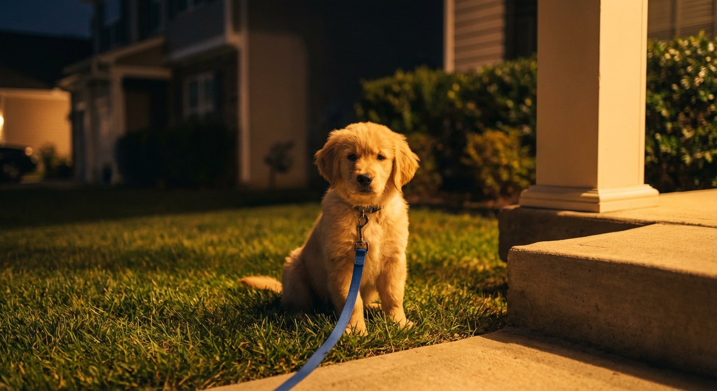 A puppy on a leash outside at night near a small patch of grass under a porch light