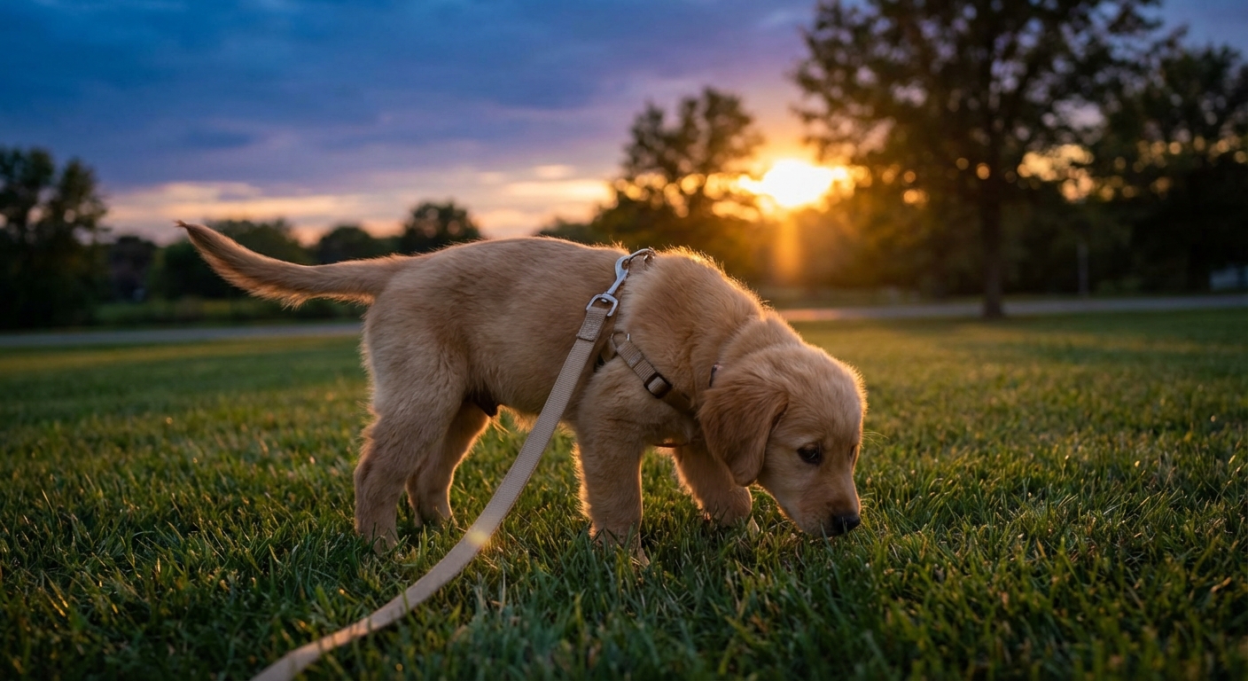 A puppy on a leash standing in grass outdoors at dusk during a calm potty break