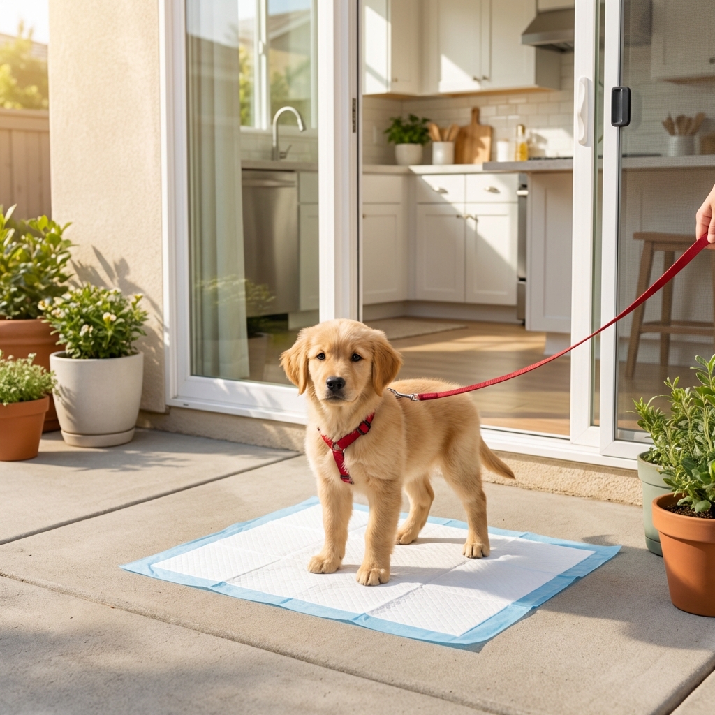A puppy on a leash standing near a small potty pad placed on a patio by an open door