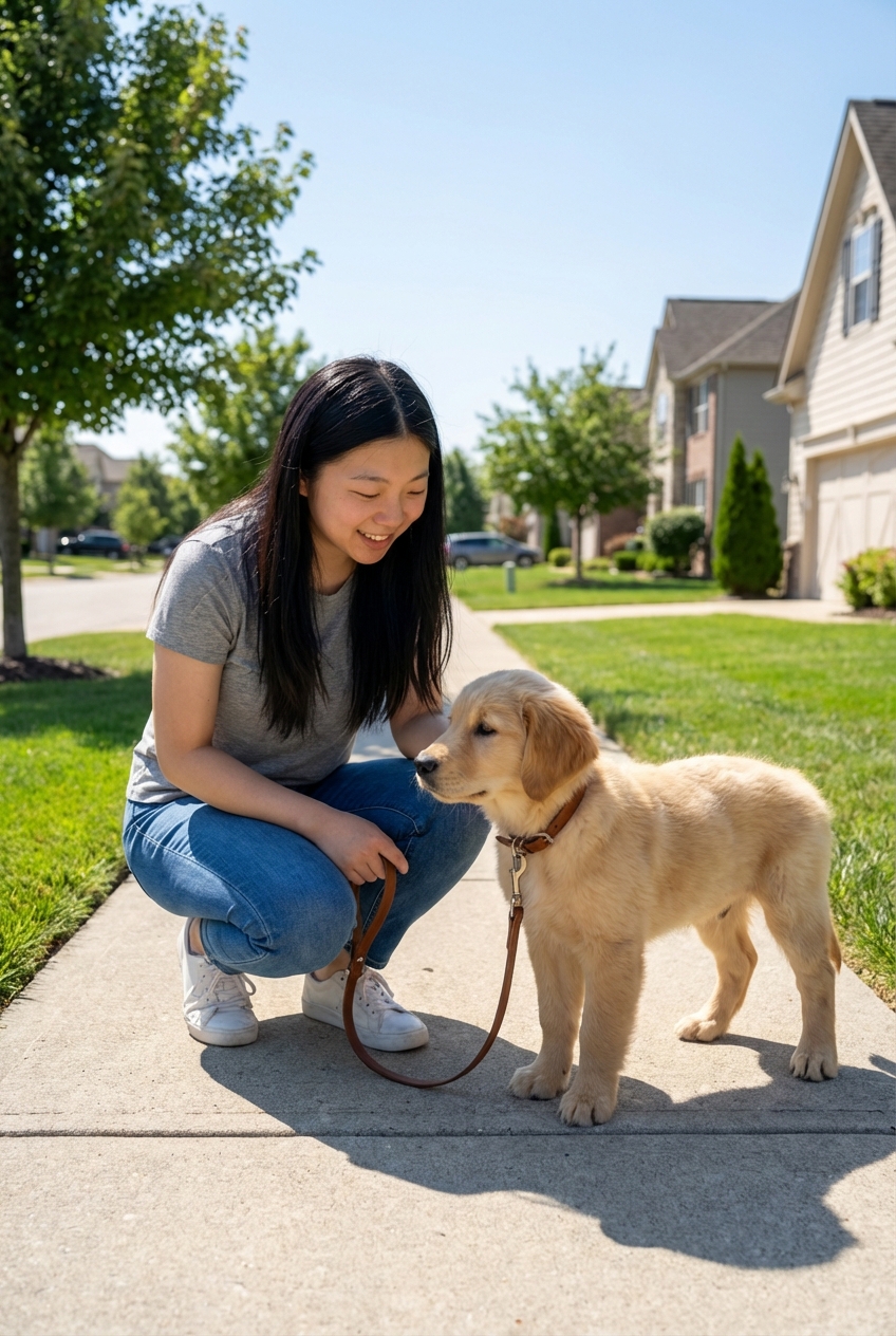 A puppy on a leash standing on a sunlit neighborhood sidewalk with a person crouched nearby