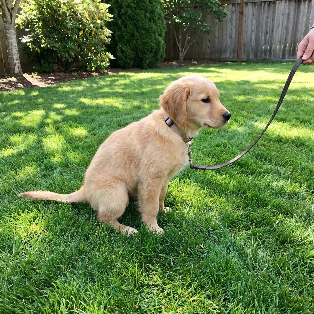 A puppy on a leash standing on grass during a daytime potty break