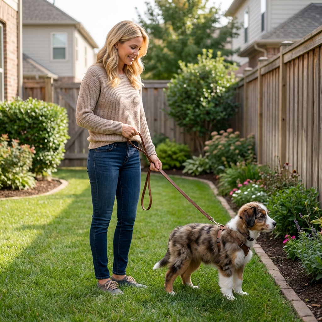 A puppy on a leash standing on grass near a quiet yard area while an owner waits patiently