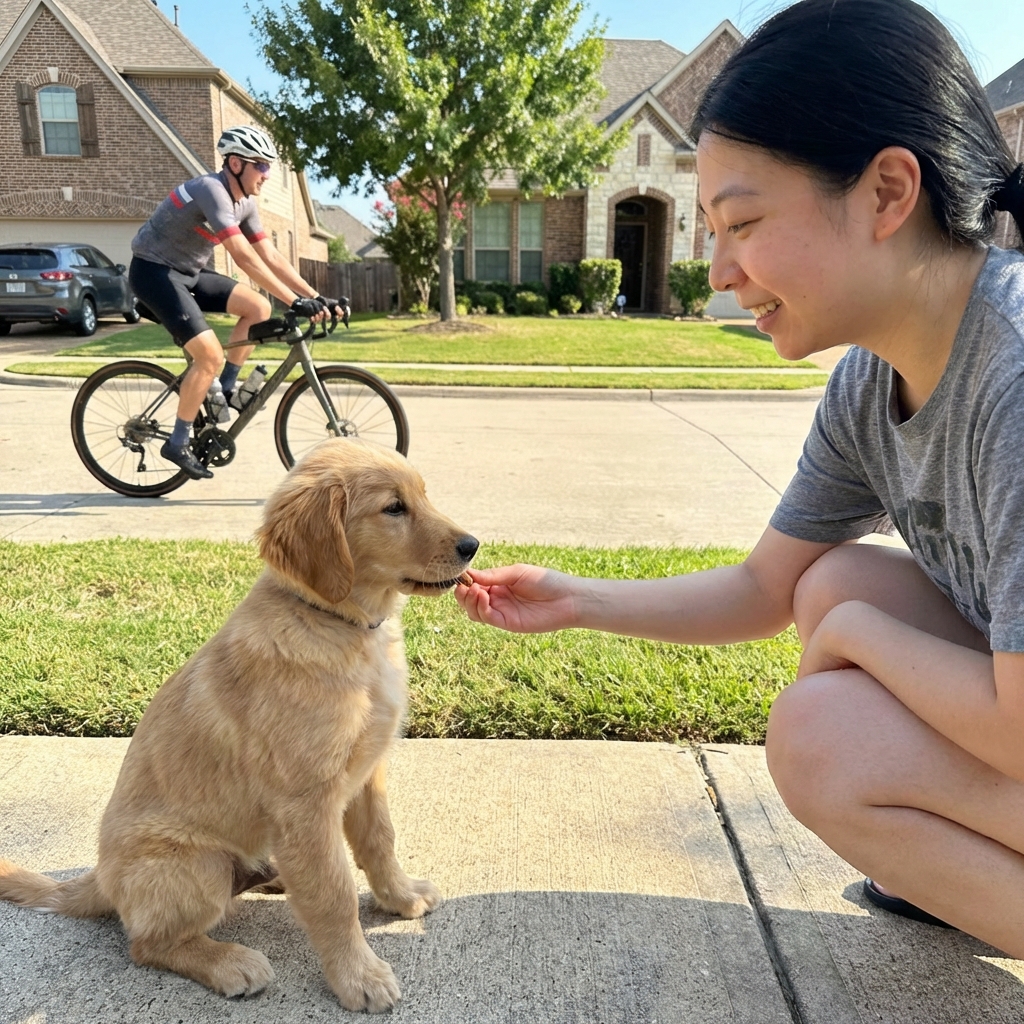 A puppy on a sidewalk calmly watching a cyclist pass while a person rewards the puppy with a small treat