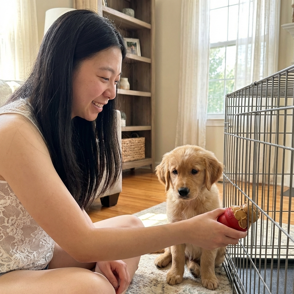 A puppy owner placing a food-stuffed chew toy into a crate while the puppy watches