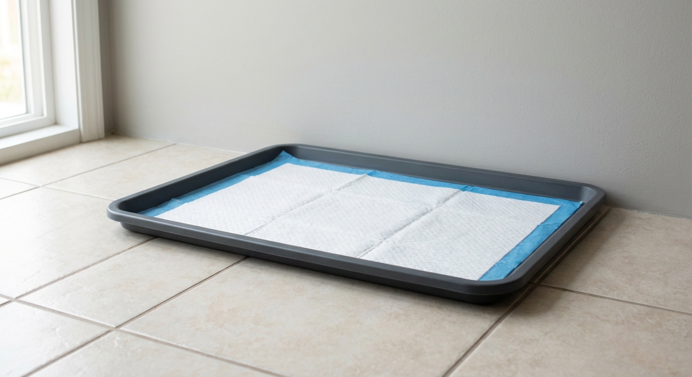 A puppy pad placed inside a plastic holder tray on a tile floor near a wall