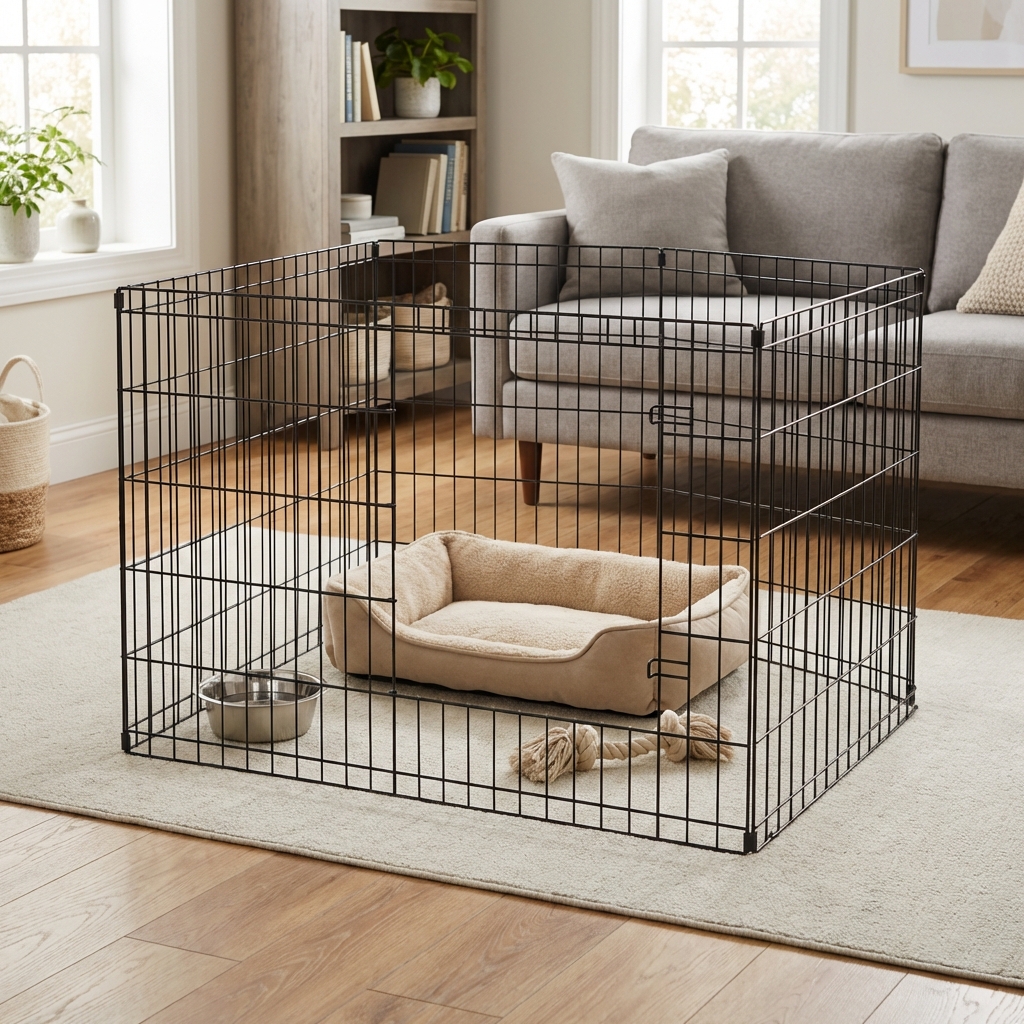 A puppy pen set up in a living room with a bed, a water bowl, and a chew toy