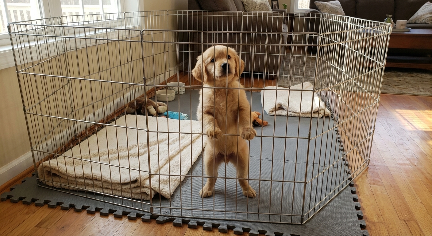 A puppy play pen lined with rubber-backed mats and clean fleece bedding to provide traction for a young puppy learning to stand