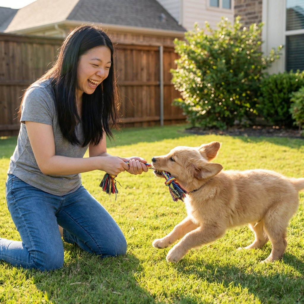 A puppy playing tug with a person holding a rope toy in a backyard
