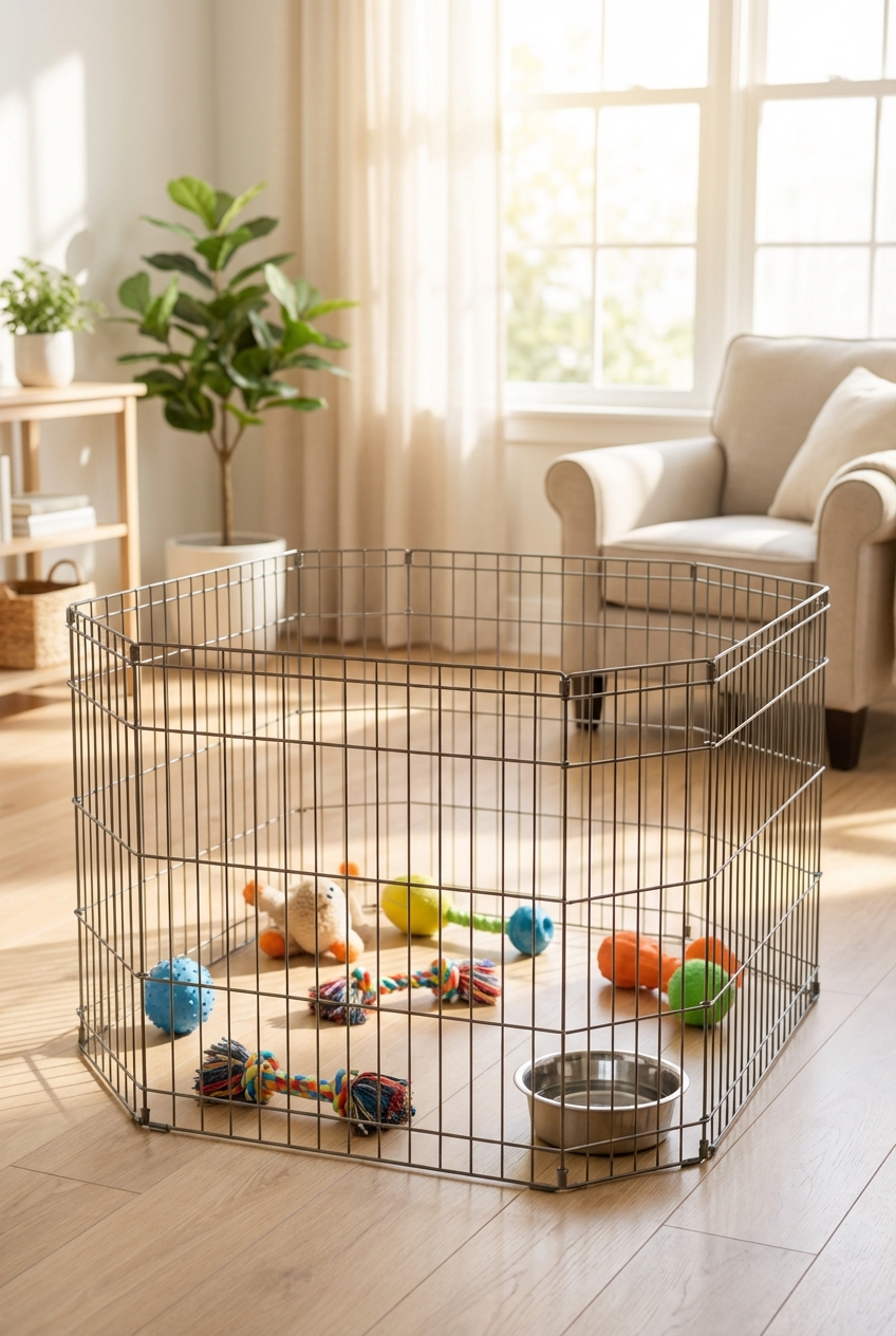 A puppy playpen set up in a bright room with chew toys and a water bowl