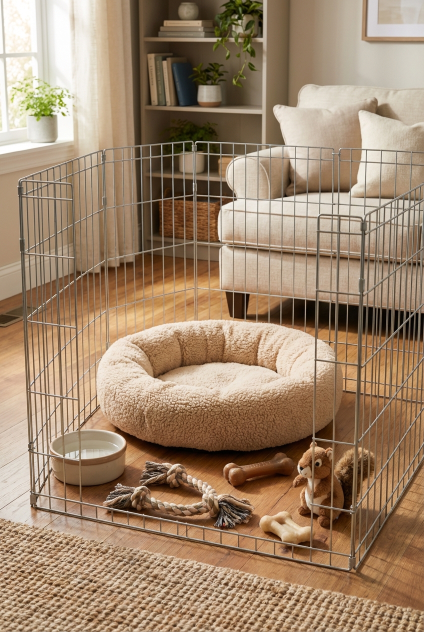 A puppy playpen set up in a home with a bed, water bowl, and chew toys