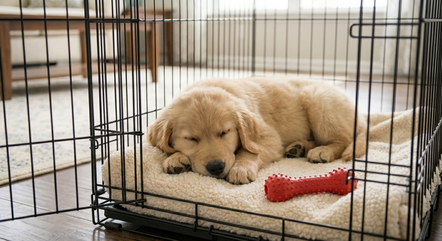 A puppy resting calmly in a crate with a soft blanket and a chew toy nearby