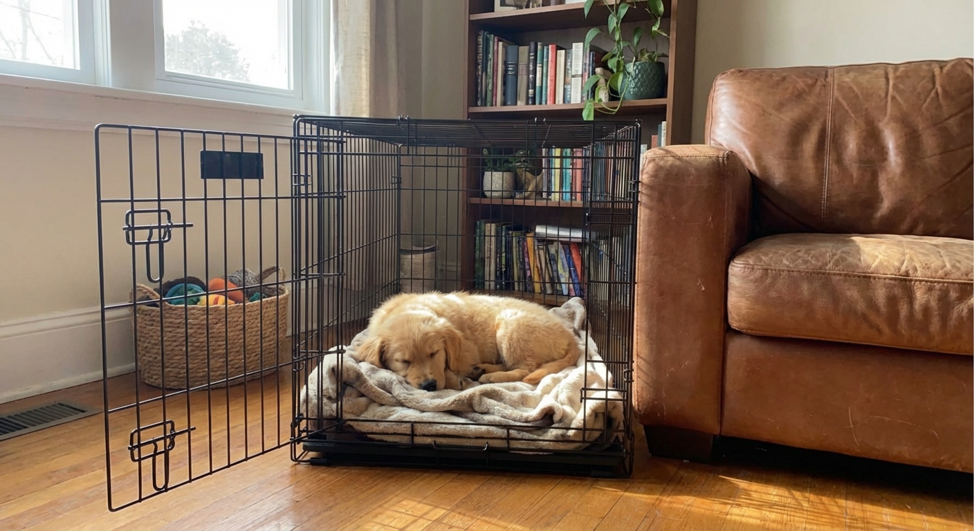 A puppy resting calmly in an open crate in a living room