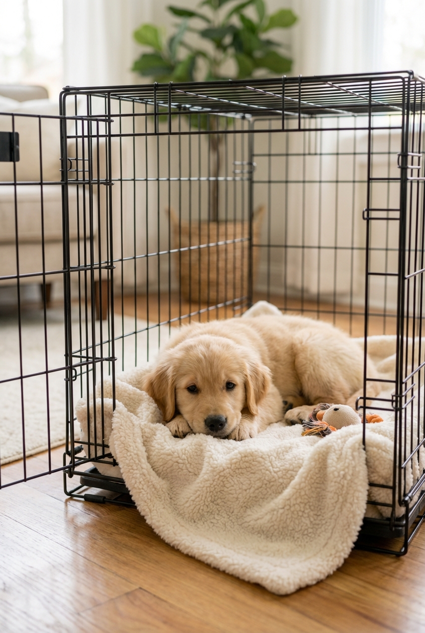 A puppy resting calmly in an open crate with a blanket inside