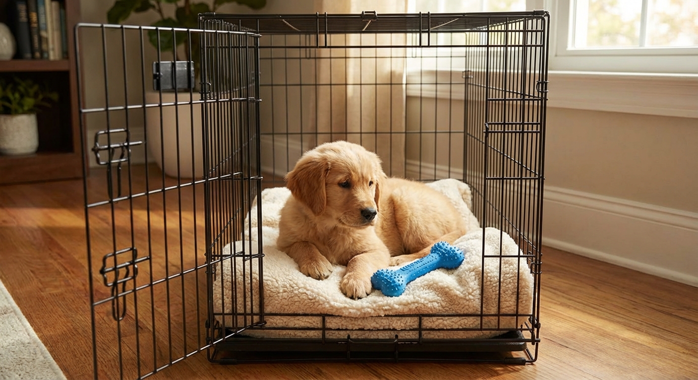 A puppy resting calmly in an open crate with a soft blanket and a chew toy
