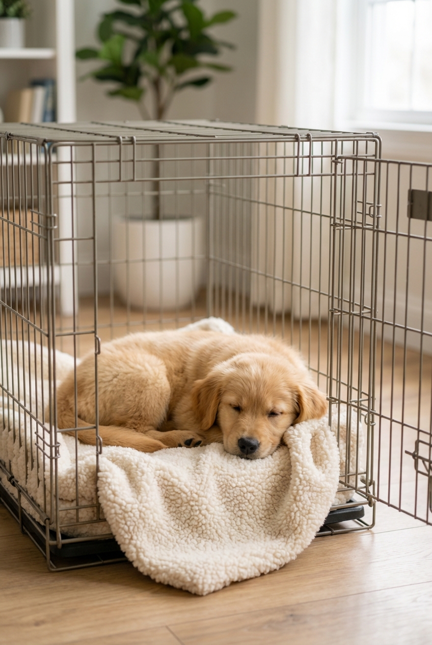 A puppy resting calmly inside a crate with a soft blanket