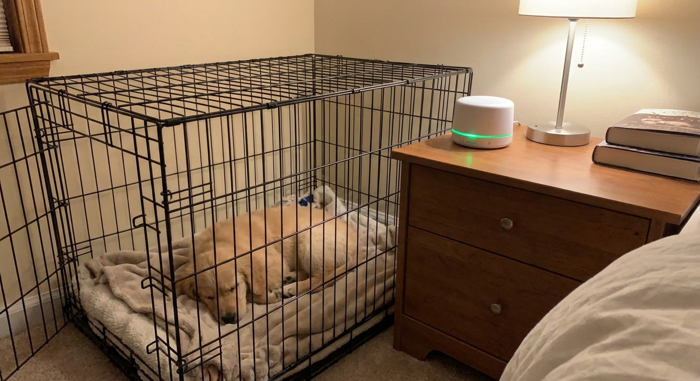 A puppy resting in a crate while a white noise machine sits on a bedside table nearby