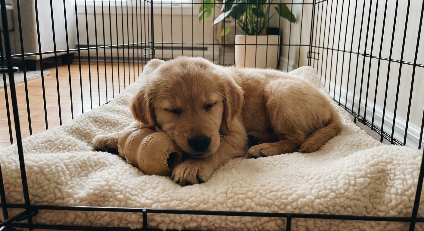 A puppy resting in a crate with a chew toy and a soft blanket
