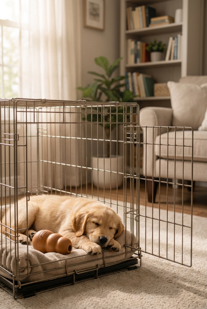 A puppy resting in a crate with a chew toy while the room is calm and softly lit
