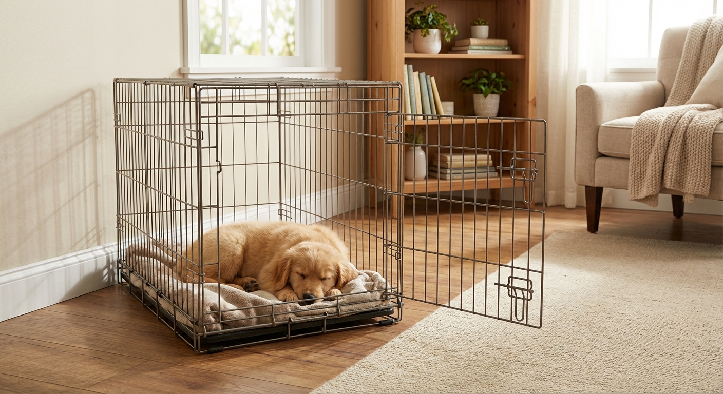 A puppy resting in an appropriately sized crate with the door open in a calm home setting