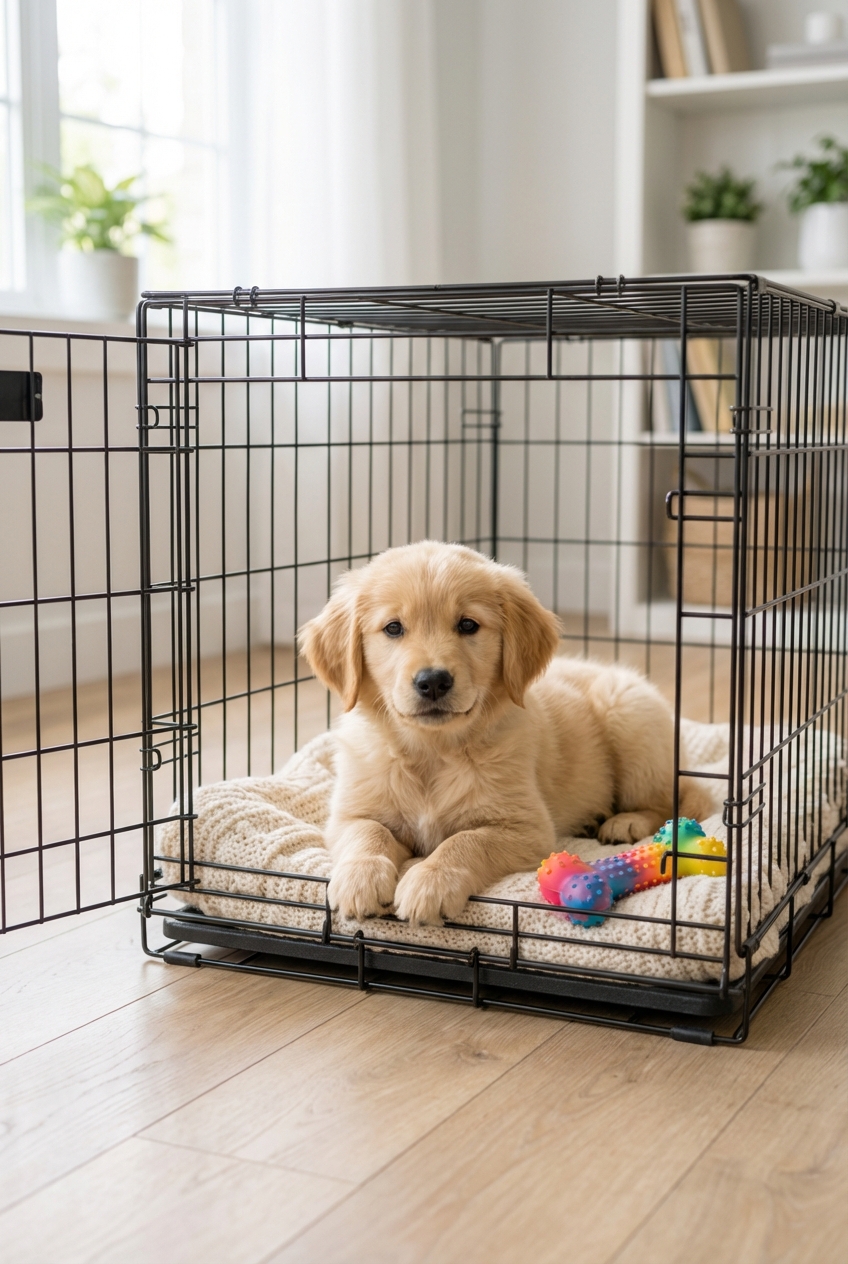 A puppy resting in an open crate with a blanket and a chew toy