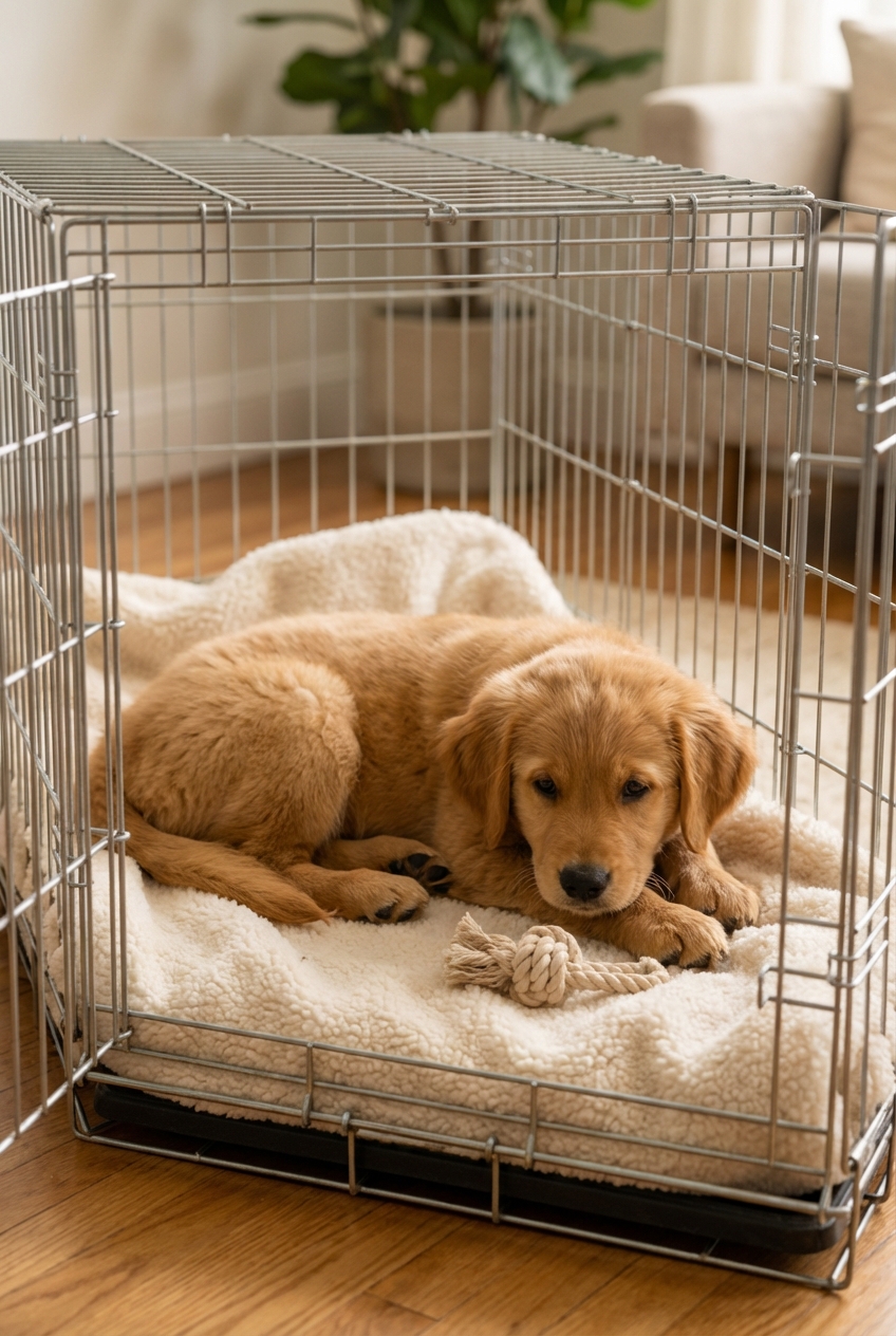 A puppy resting in an open crate with a soft blanket while a chew toy lies near its paws