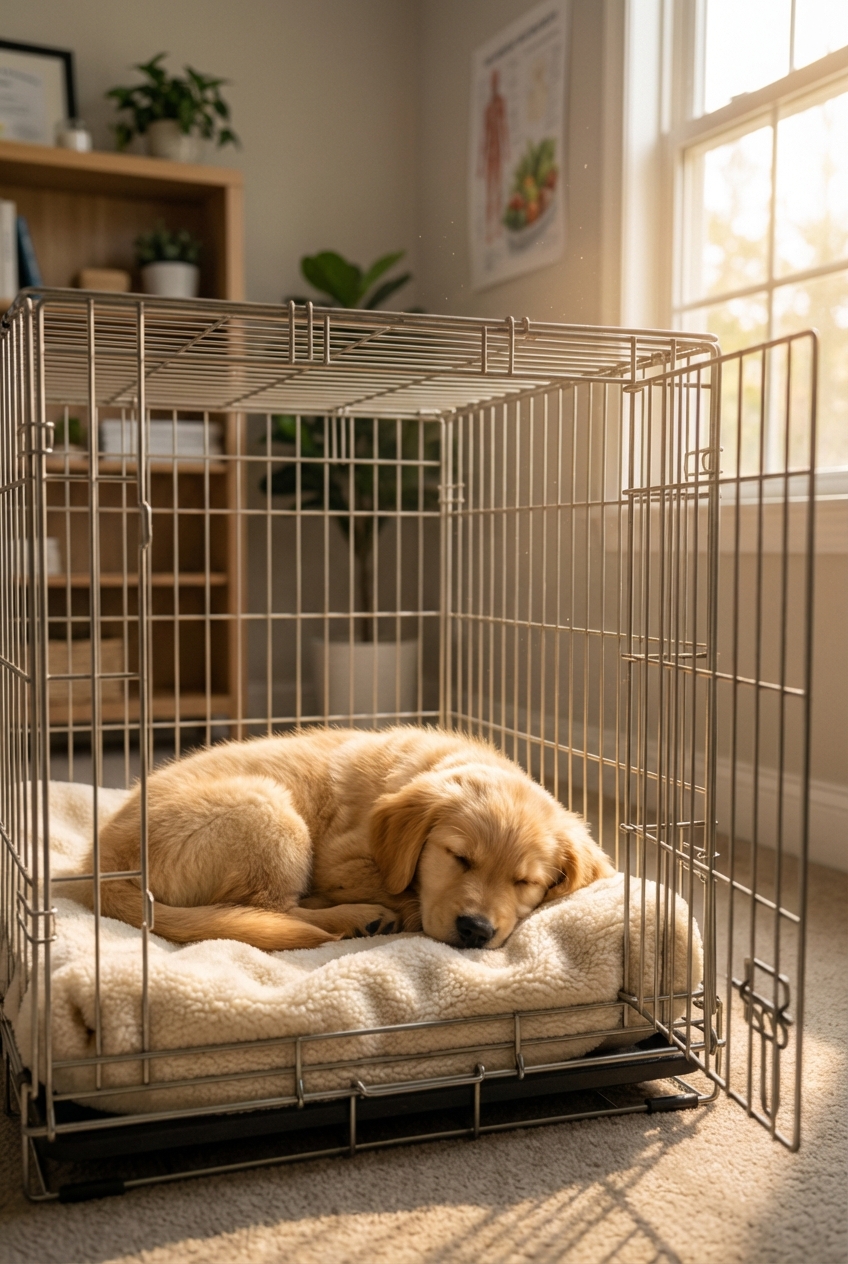 A puppy resting in an open crate with a soft blanket while sunlight comes through a window