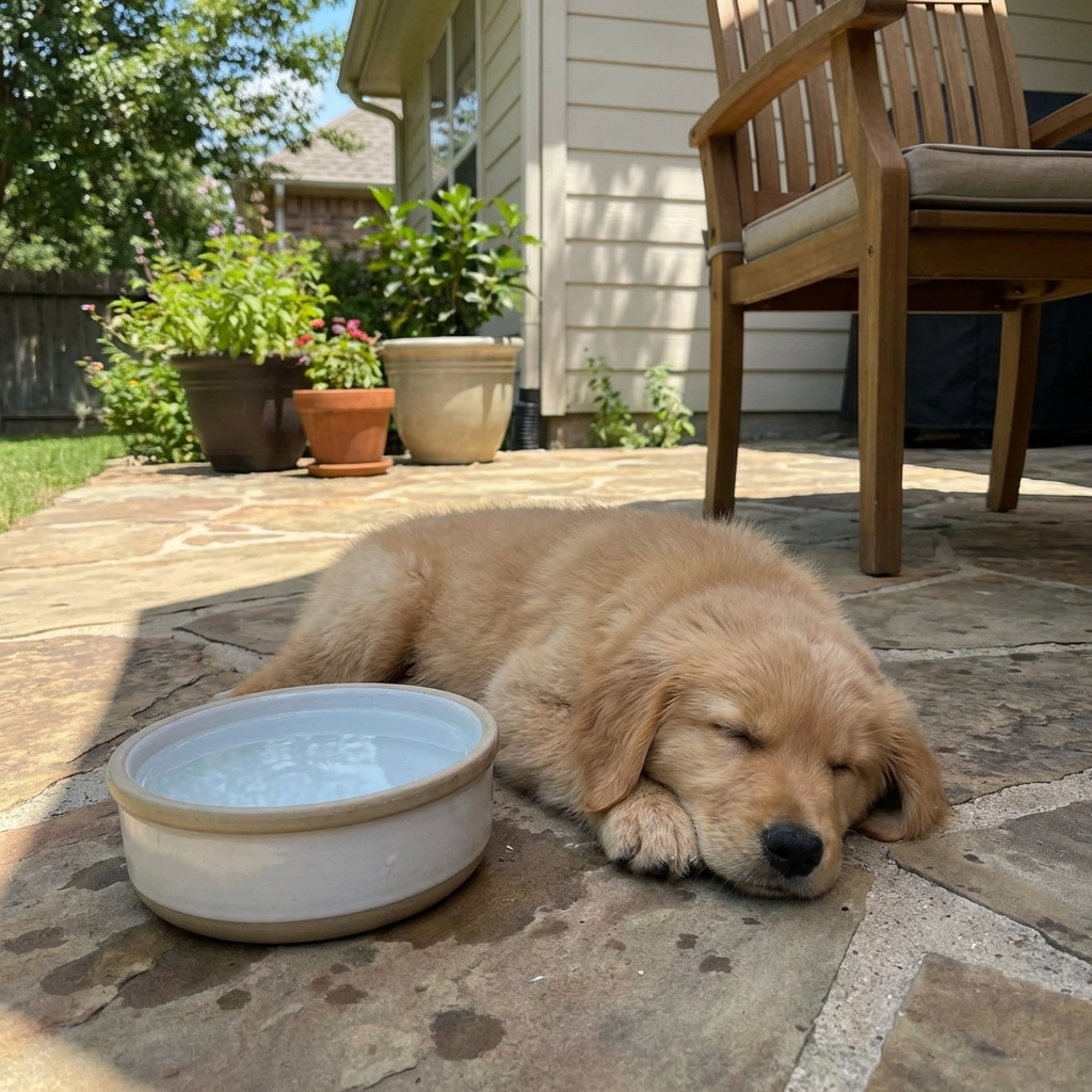 A puppy resting in the shade beside a water bowl on a patio
