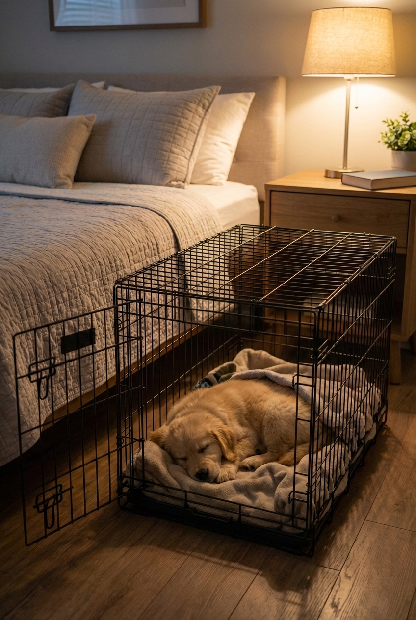 A puppy resting inside a crate with a cozy bed and a light blanket, door open