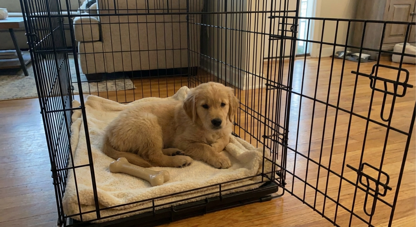 A puppy resting inside an open crate with a chew toy and a soft blanket