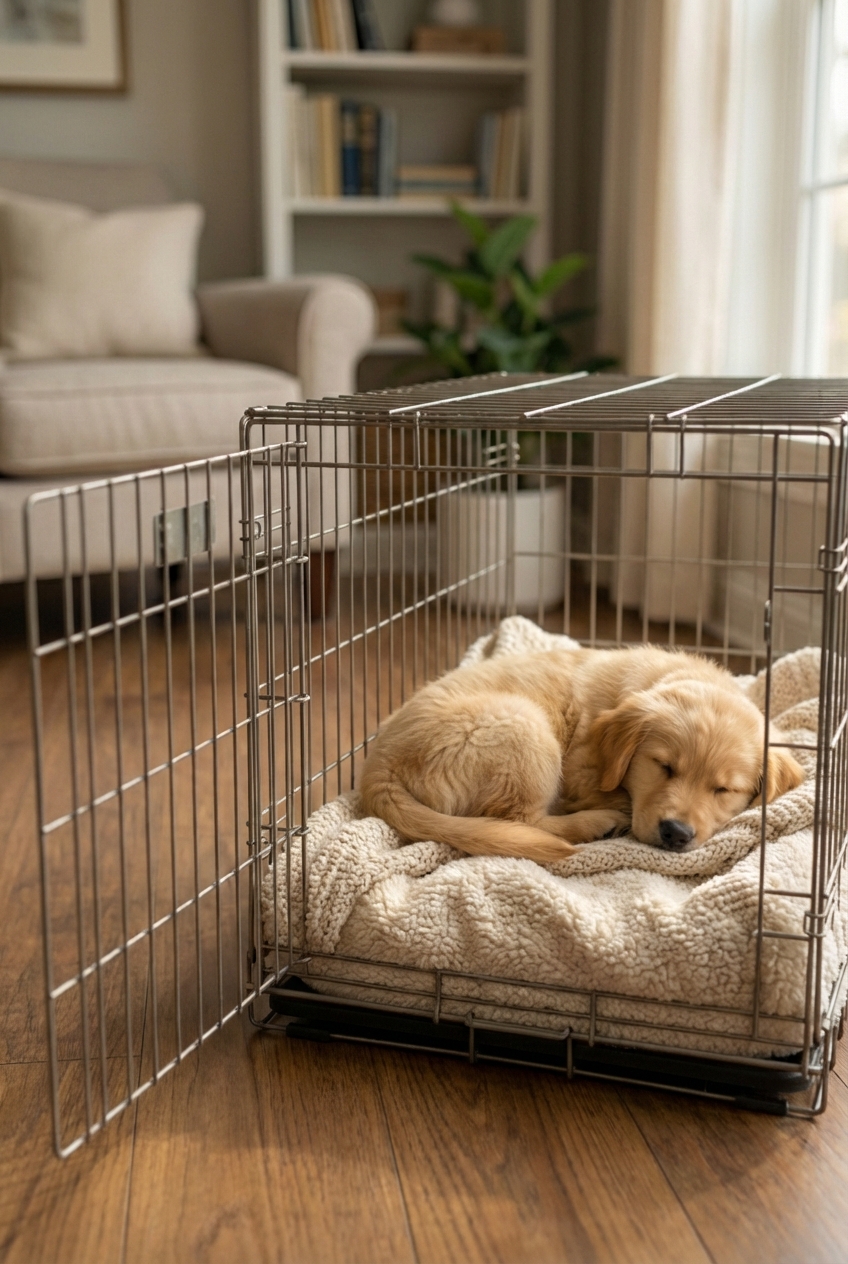 A puppy resting inside an open crate with a soft blanket in a calm room