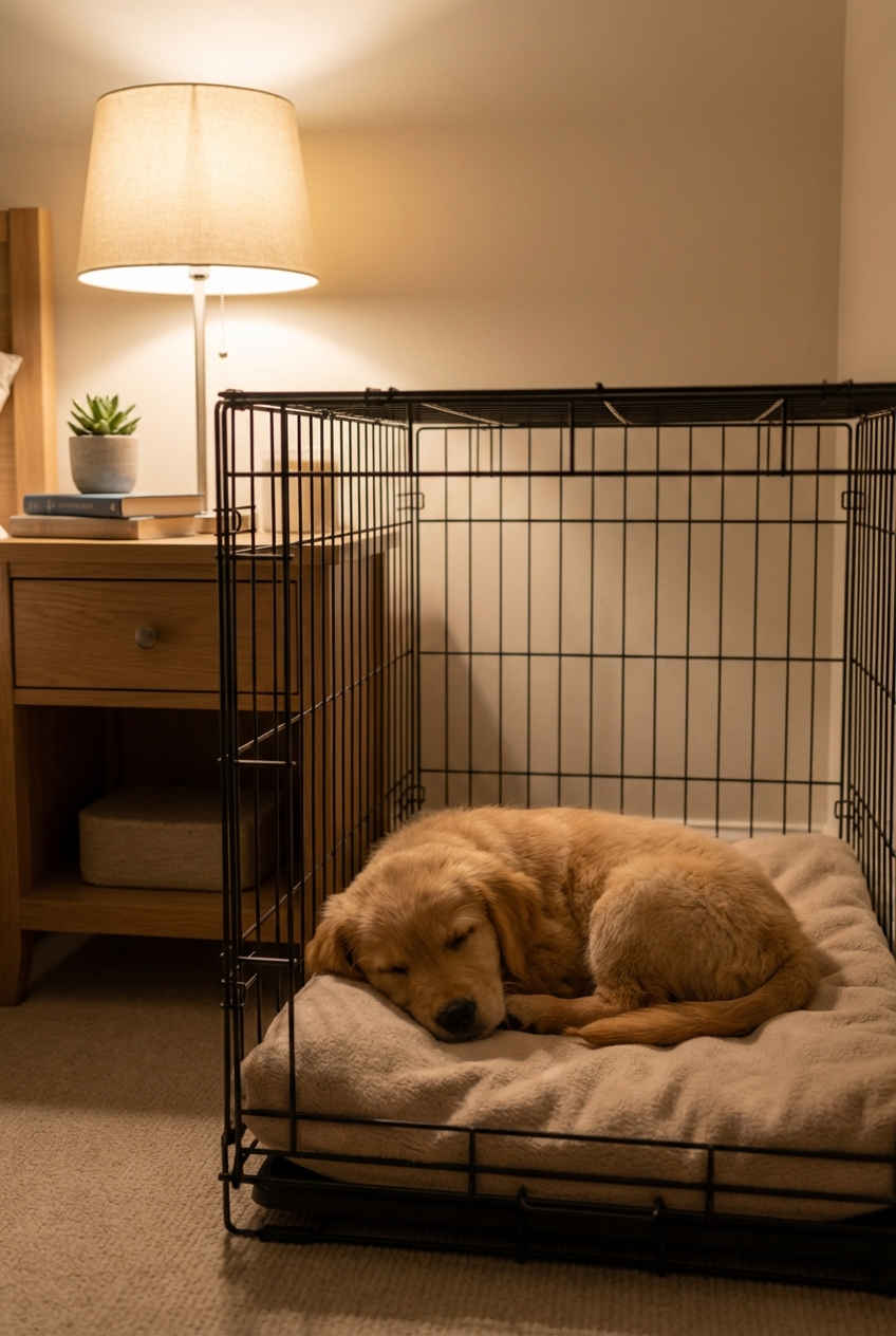 A puppy resting quietly in a crate next to a nightstand with a dim lamp on
