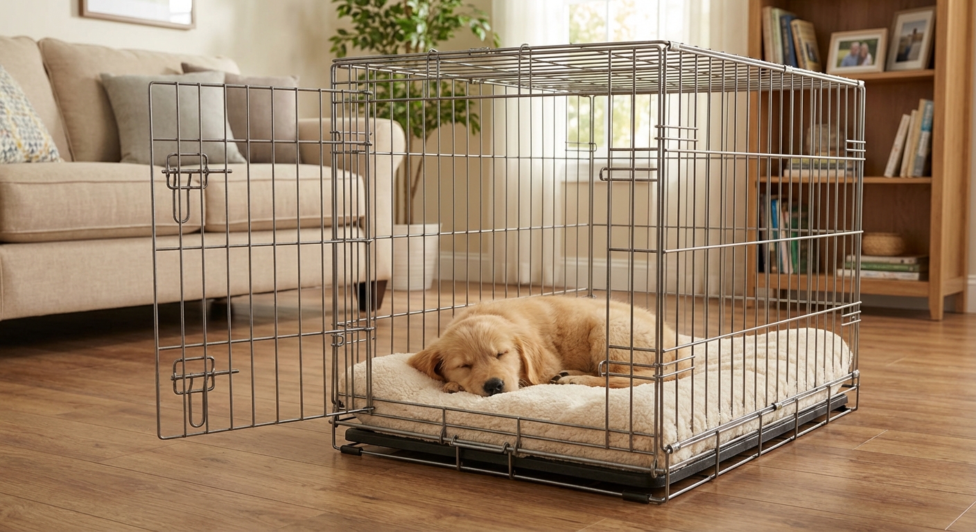 A puppy resting quietly in a properly sized crate with a soft blanket in a living room