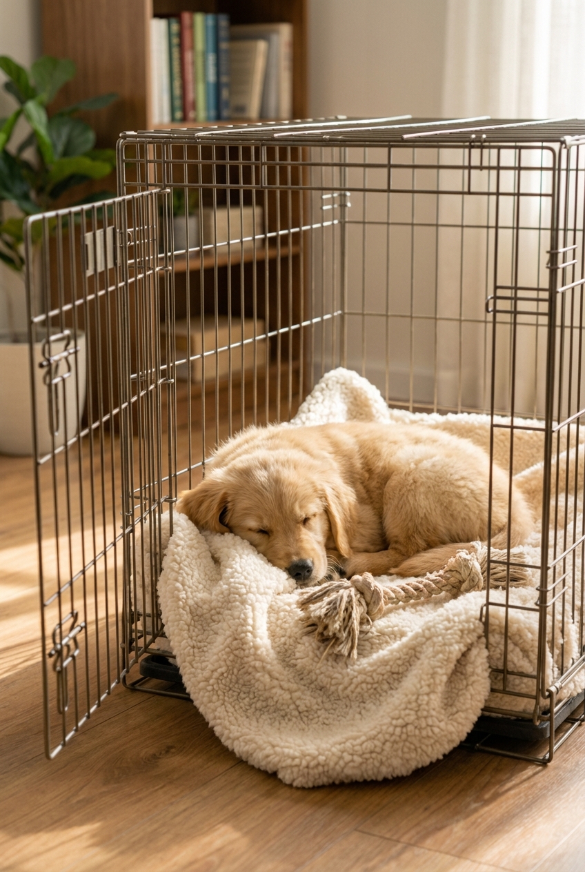 A puppy resting quietly in an open crate with a soft blanket and a chew toy