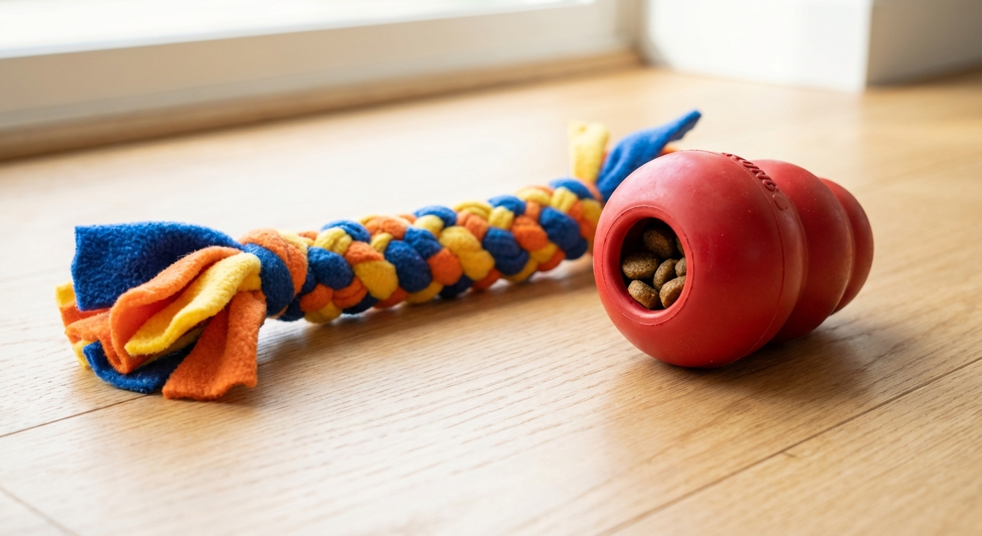 A puppy-safe tug toy and a rubber food toy placed on a clean floor