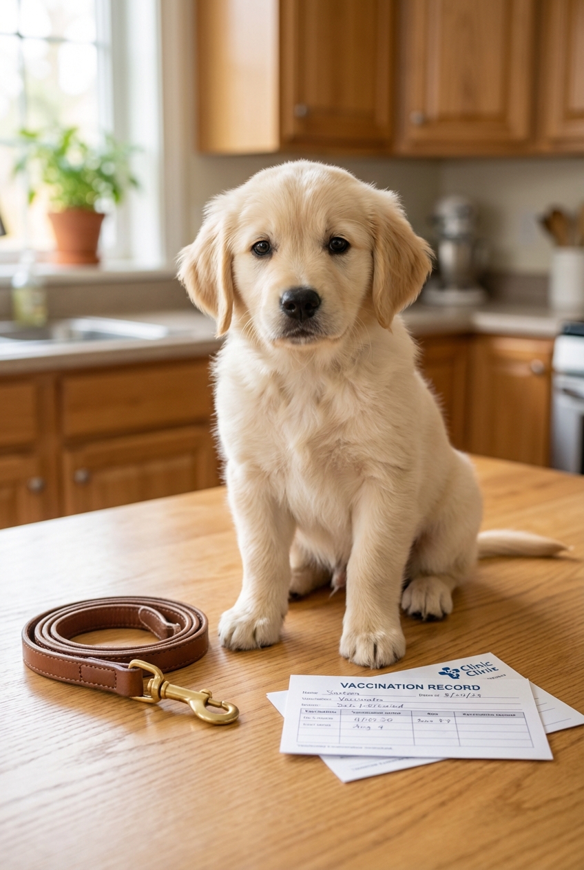 A puppy sitting beside a leash and vaccination paperwork on a kitchen table